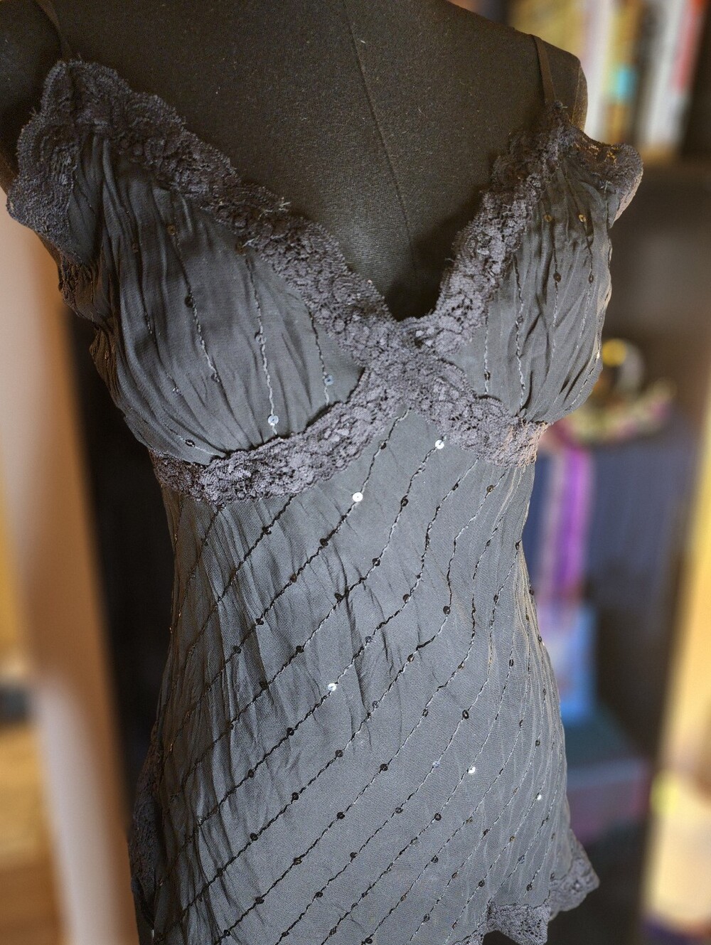 Black Lace-Trim Sequin Chemise Camisole